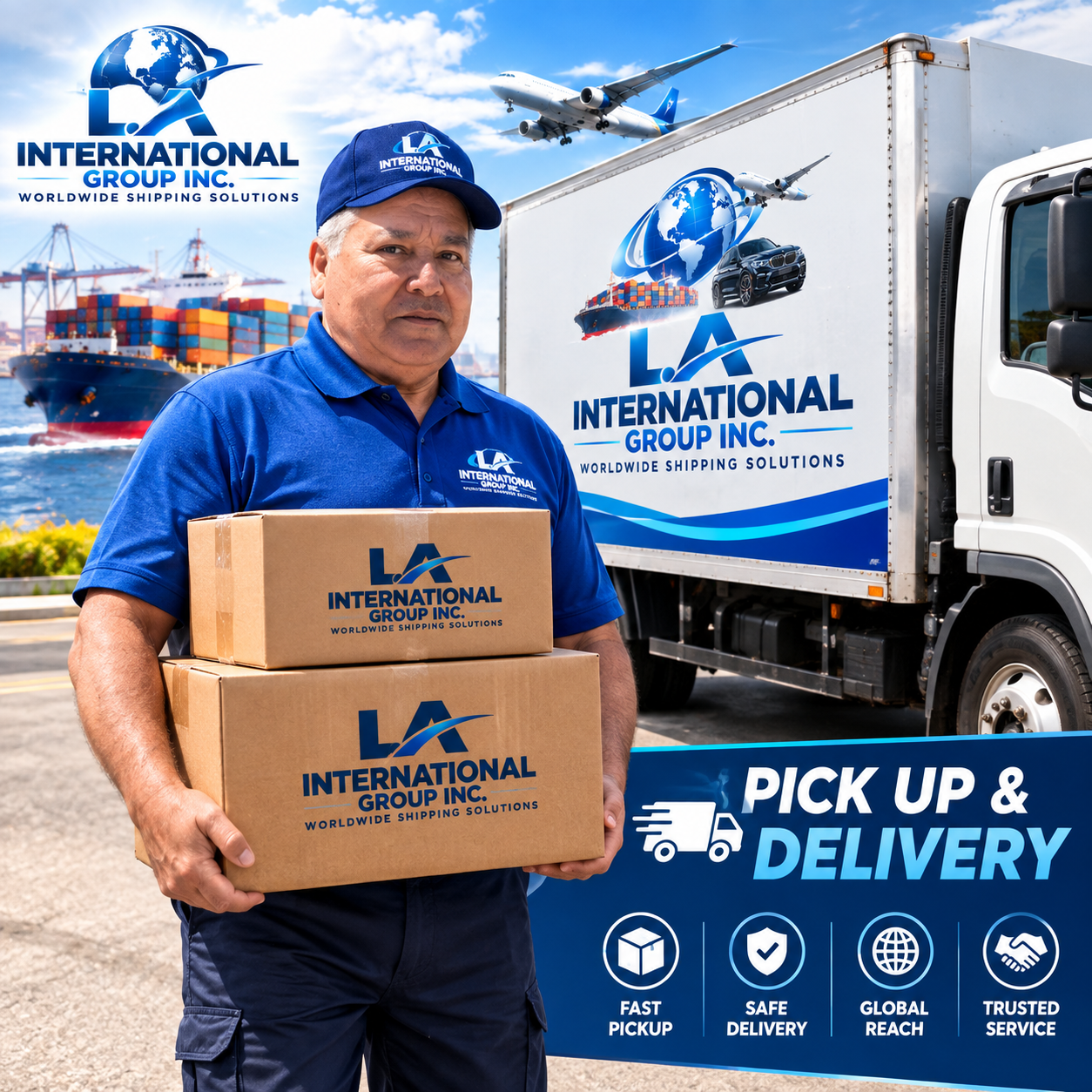LA International Group driver holding branded packages beside delivery truck
