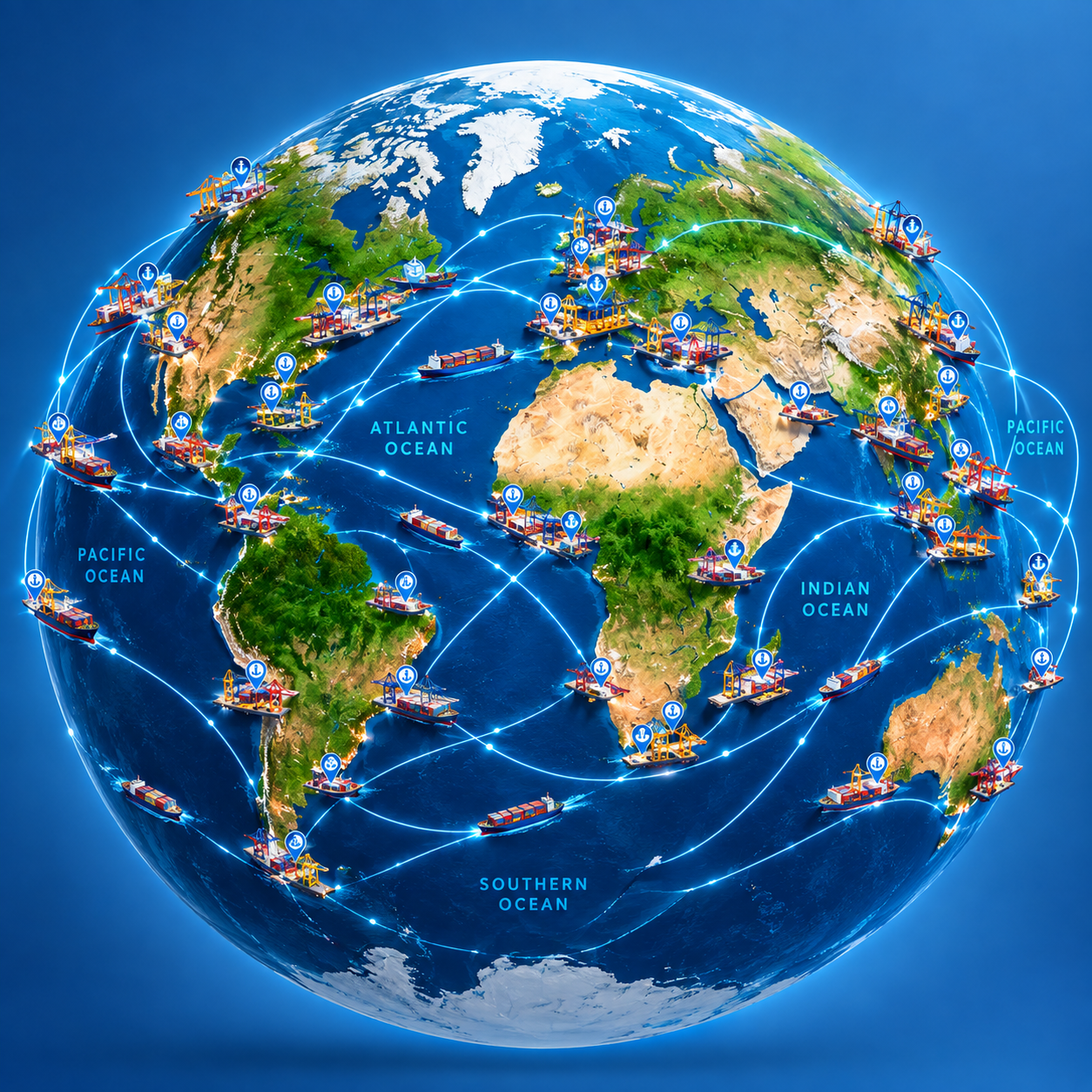 Global shipping network map showing cargo routes across all oceans